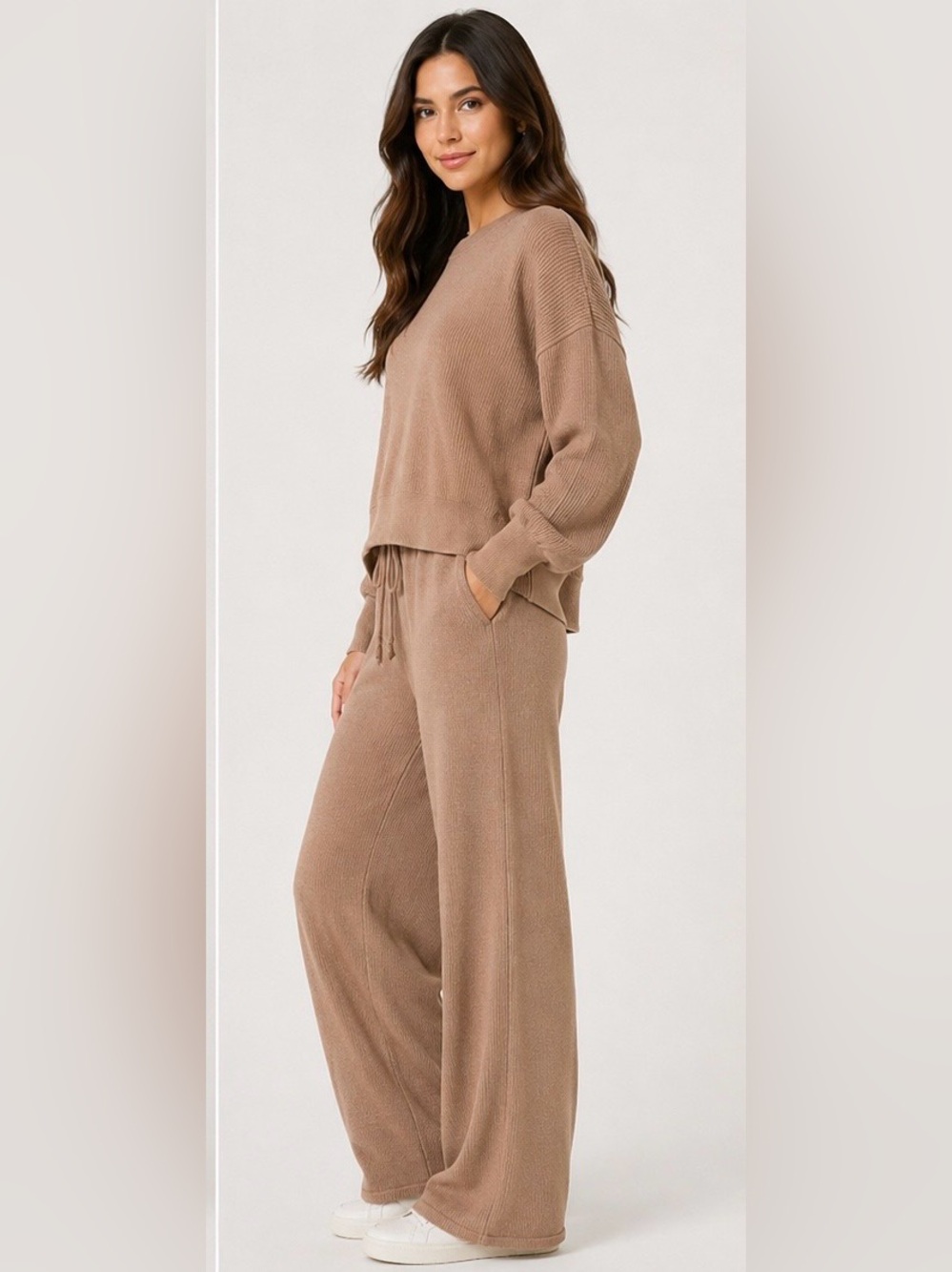 ANRABESS Women’s M Mocha Knit 2 Piece Sweater Wide Leg Pants Set